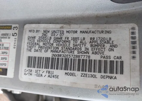2007 Toyota Corolla Le from USA, damaged, VIN 1NXBR32E57Z887778